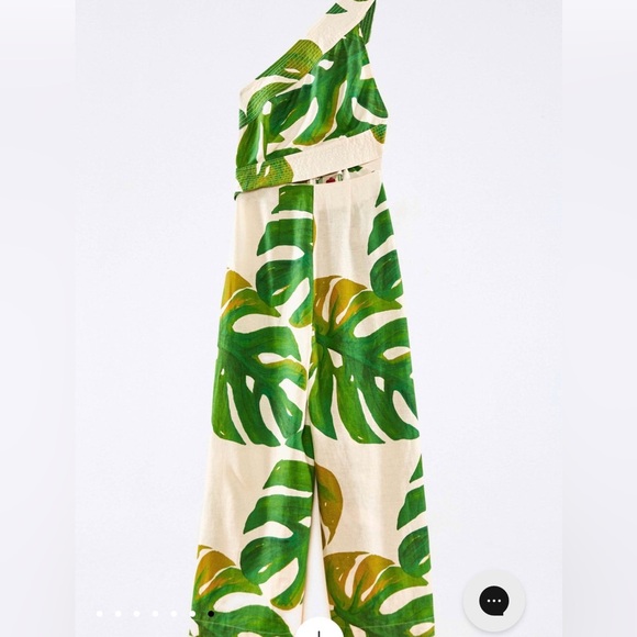 FARM Rio Pants - FARM Rio One-Shoulder Tropical Leaf Jumpsuit in Green and Cream